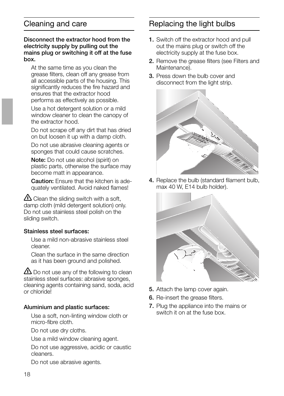 Replacing the light bulbs, Cleaning and care | Bosch DKE 93 User Manual | Page 7 / 16