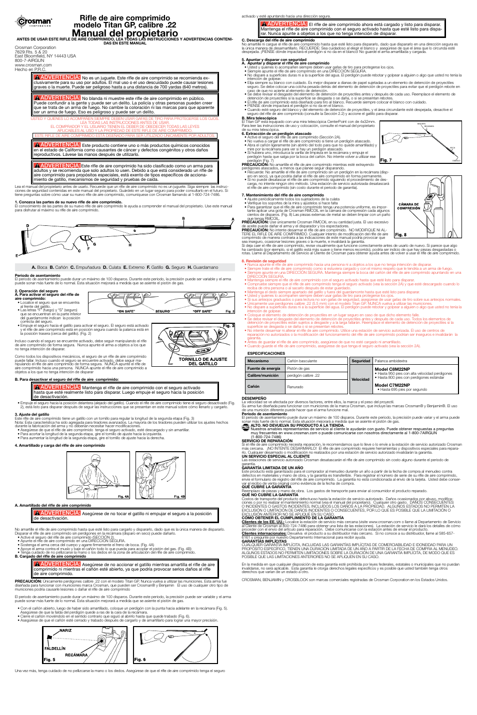 Manual del propietario, Advertencia | Crosman C8M22NP User Manual | Page 2 / 2