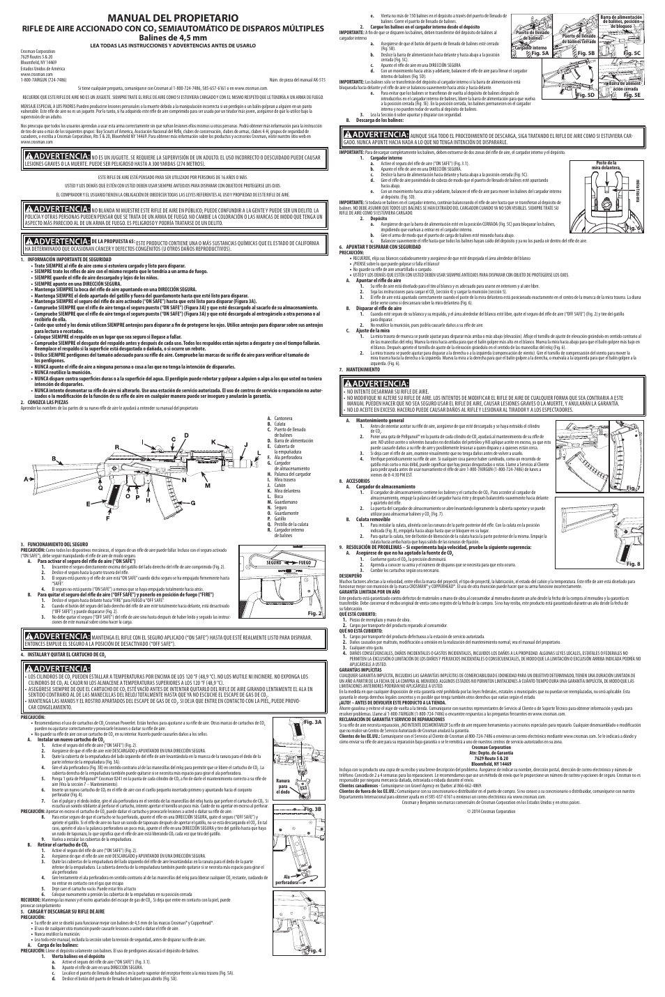 Manual del propietario, Rifle de aire accionado con co | Crosman CCA4B1 User Manual | Page 2 / 2