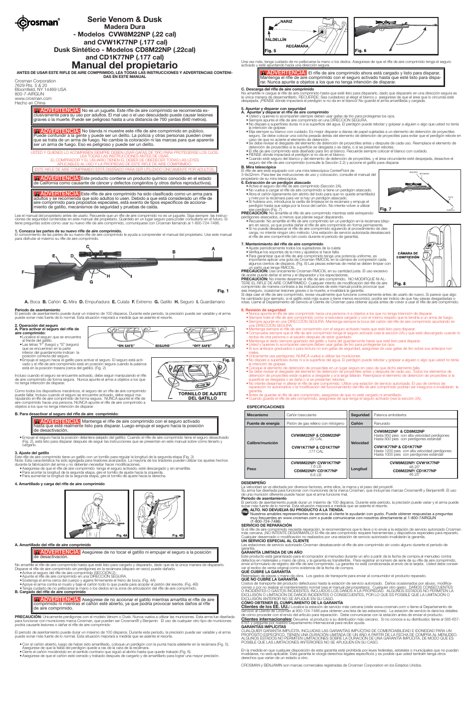 Manual del propietario, Serie venom & dusk, Advertencia | Crosman CVW8M22NP User Manual | Page 2 / 2