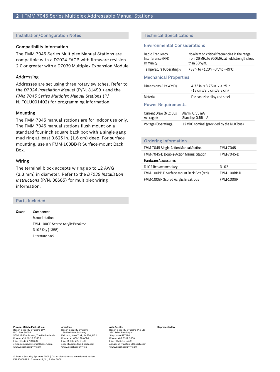 Installation/configuration notes, Parts included, Technical specifications | Ordering information | Bosch FMM-7045 Series User Manual | Page 2 / 2