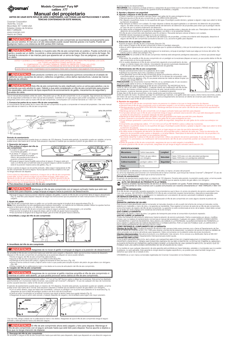 Manual del propietario, Modelo crosman, Fury np calibre .177 | Crosman CF1K77NP User Manual | Page 2 / 2