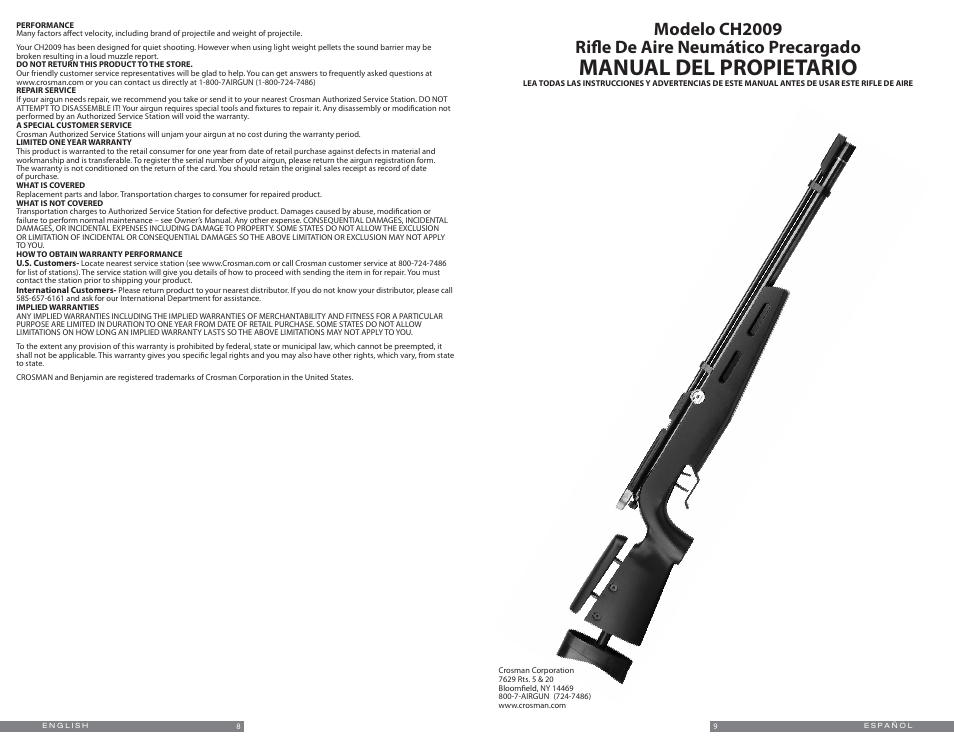 Manual del propietario, Modelo ch2009 rifle de aire neumático precargado | Crosman CH2009 (2009) User Manual | Page 5 / 9