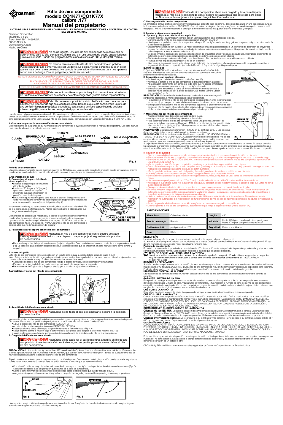 Manual del propietario, Advertencia | Crosman CO1K77X User Manual | Page 2 / 2