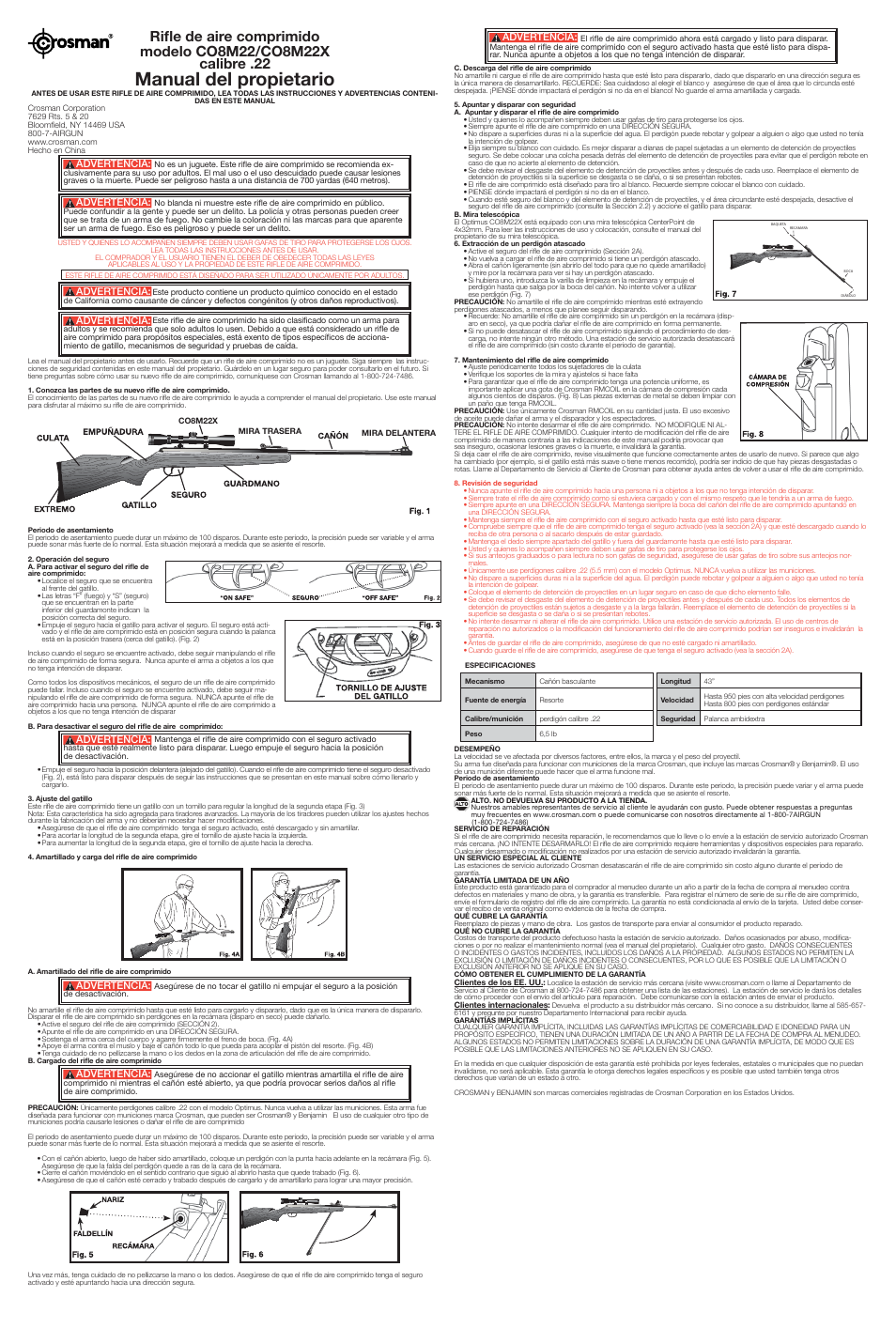 Manual del propietario, Advertencia | Crosman CO8M22X User Manual | Page 2 / 2