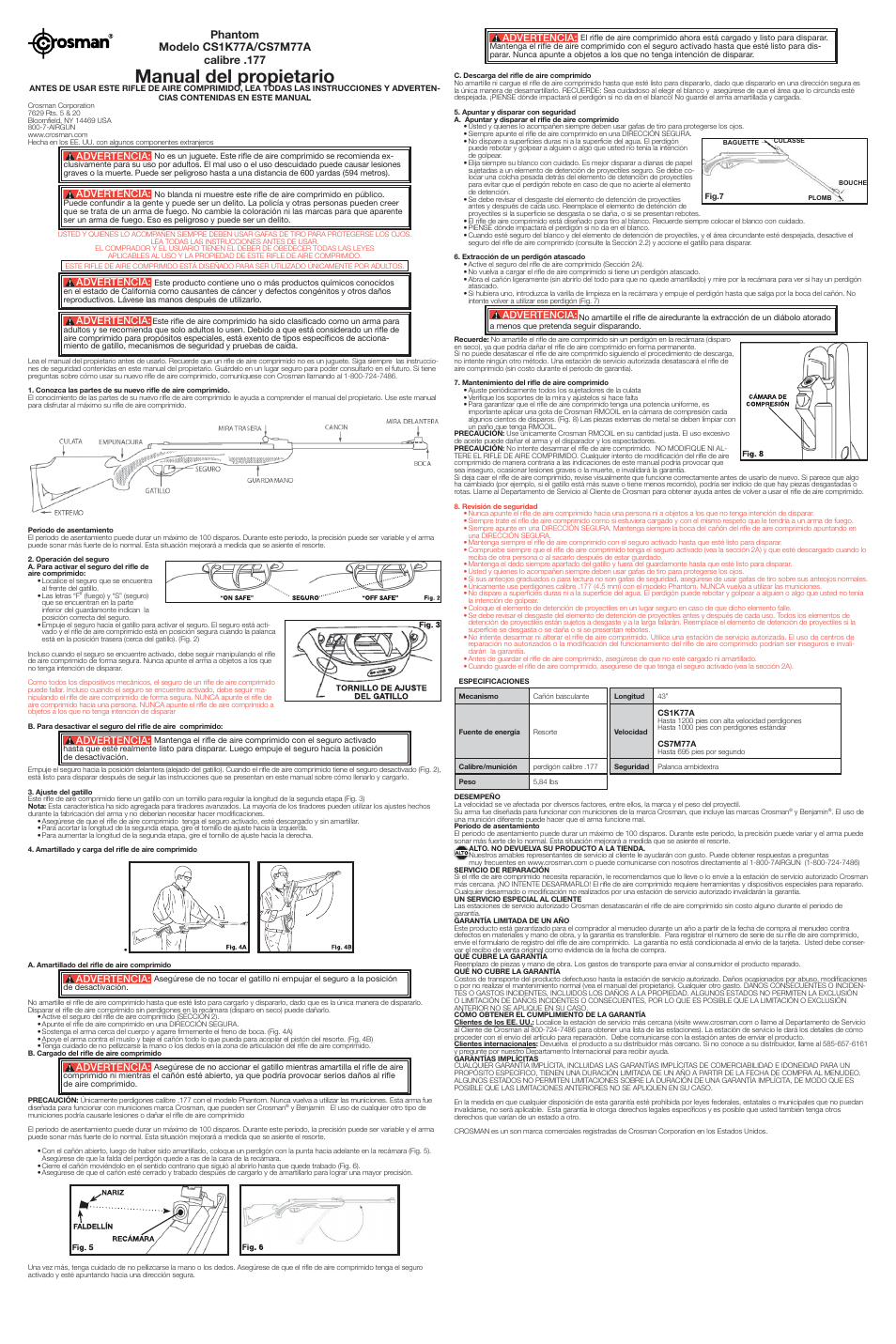 Manual del propietario, Advertencia | Crosman CS1K77A User Manual | Page 2 / 2