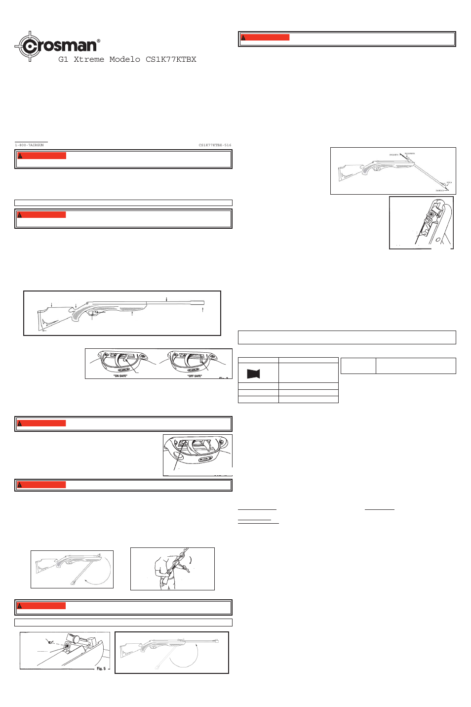 Manual del propietario, G1 xtreme modelo cs1k77ktbx, Advertencia | Advertencia: fig. 8 | Crosman CS1K77KTBX User Manual | Page 2 / 2