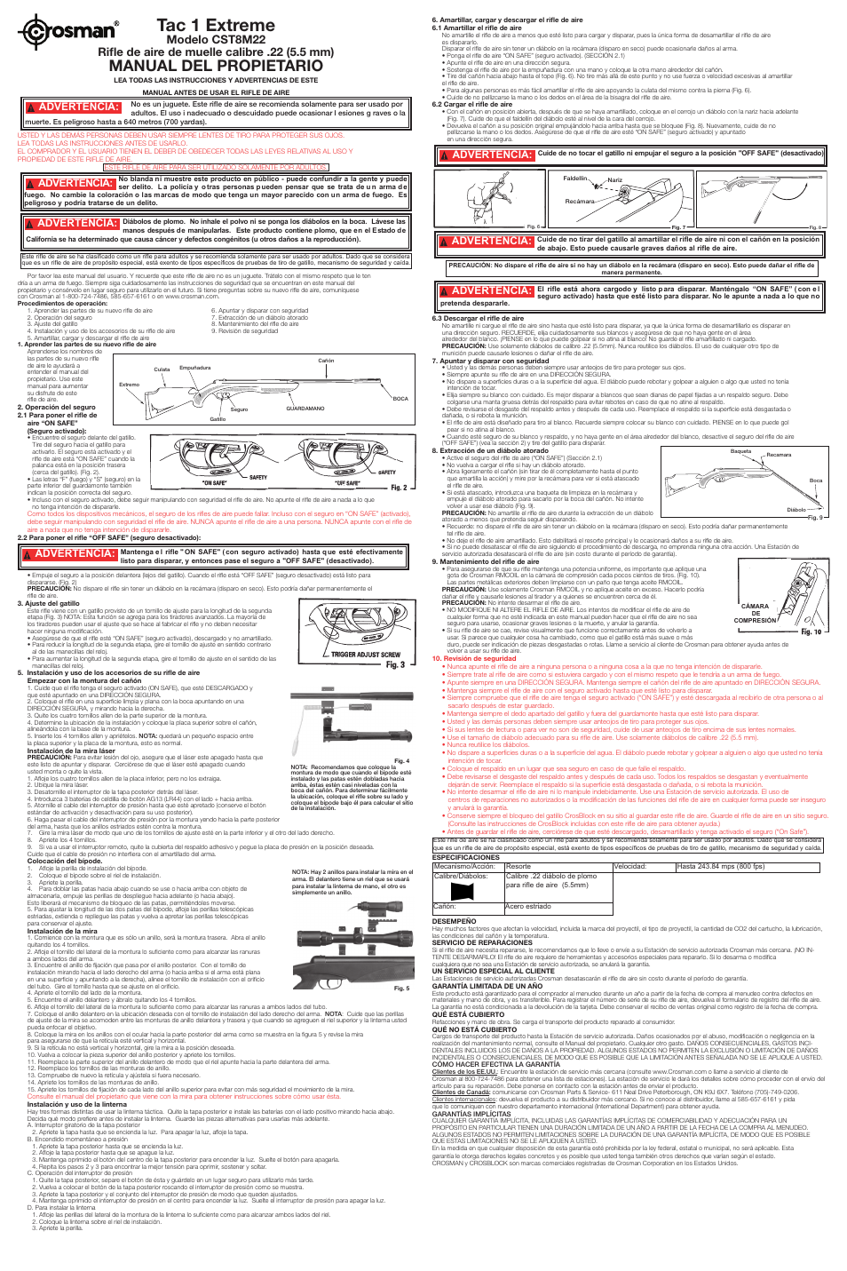 Tac 1 extreme, Manual del propietario, Advertencia | Crosman CST8M22XKT User Manual | Page 2 / 2