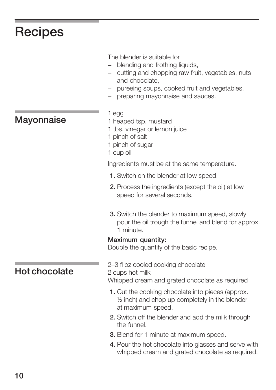 Recipes, Mayonnaise hot chocolate | Bosch MMB 1000 UC User Manual | Page 10 / 14