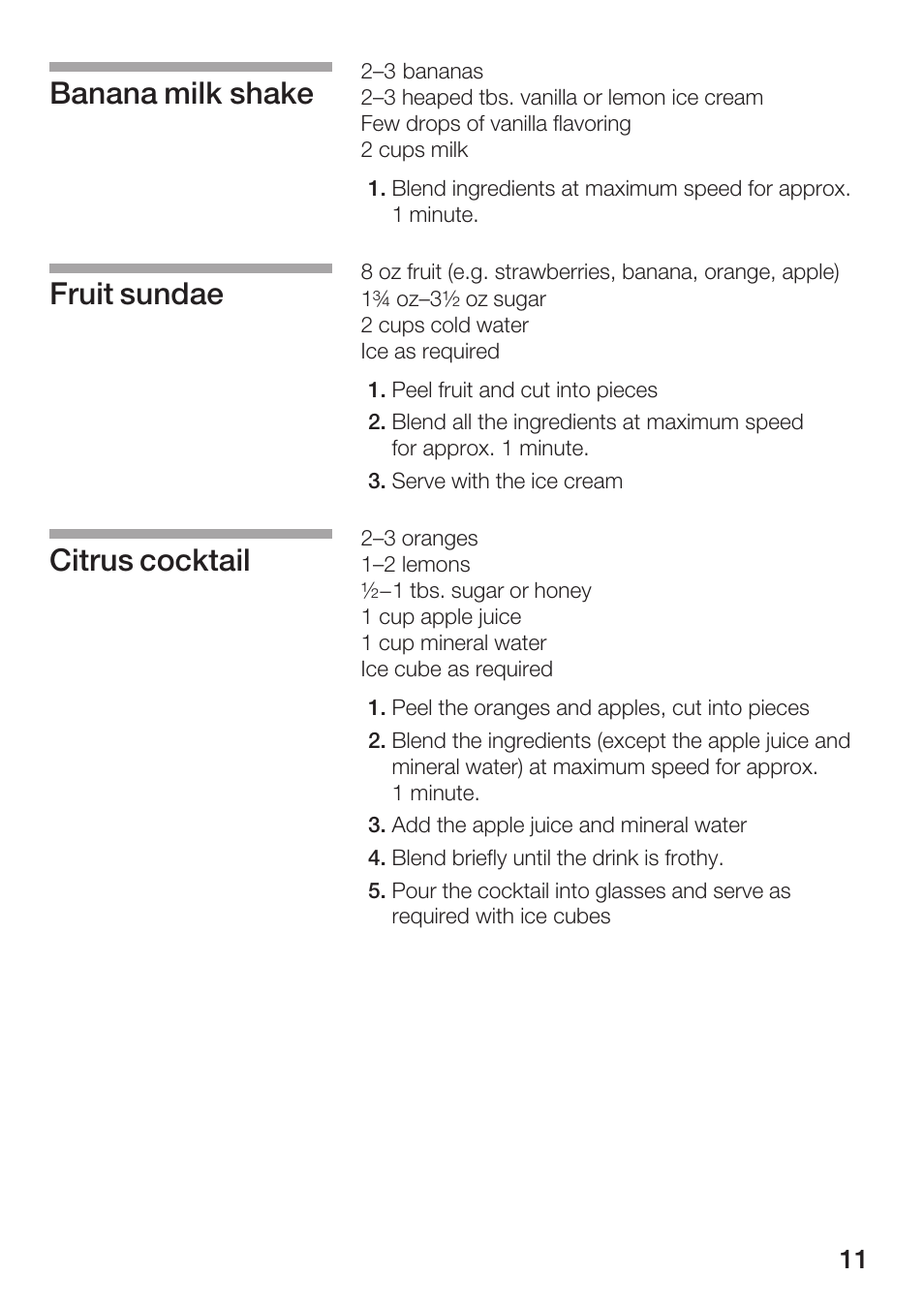 Banana milk shake fruit sundae citrus cocktail | Bosch MMB 1000 UC User Manual | Page 11 / 14