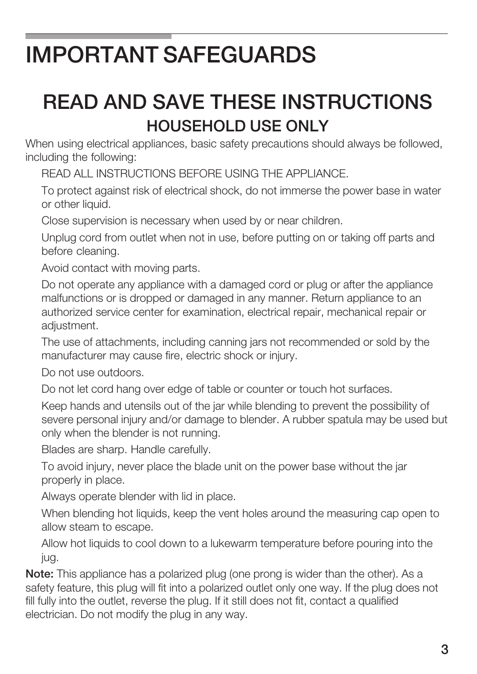 Important safeguards, Read and save these instructions, Household use only | Bosch MMB 1000 UC User Manual | Page 3 / 14