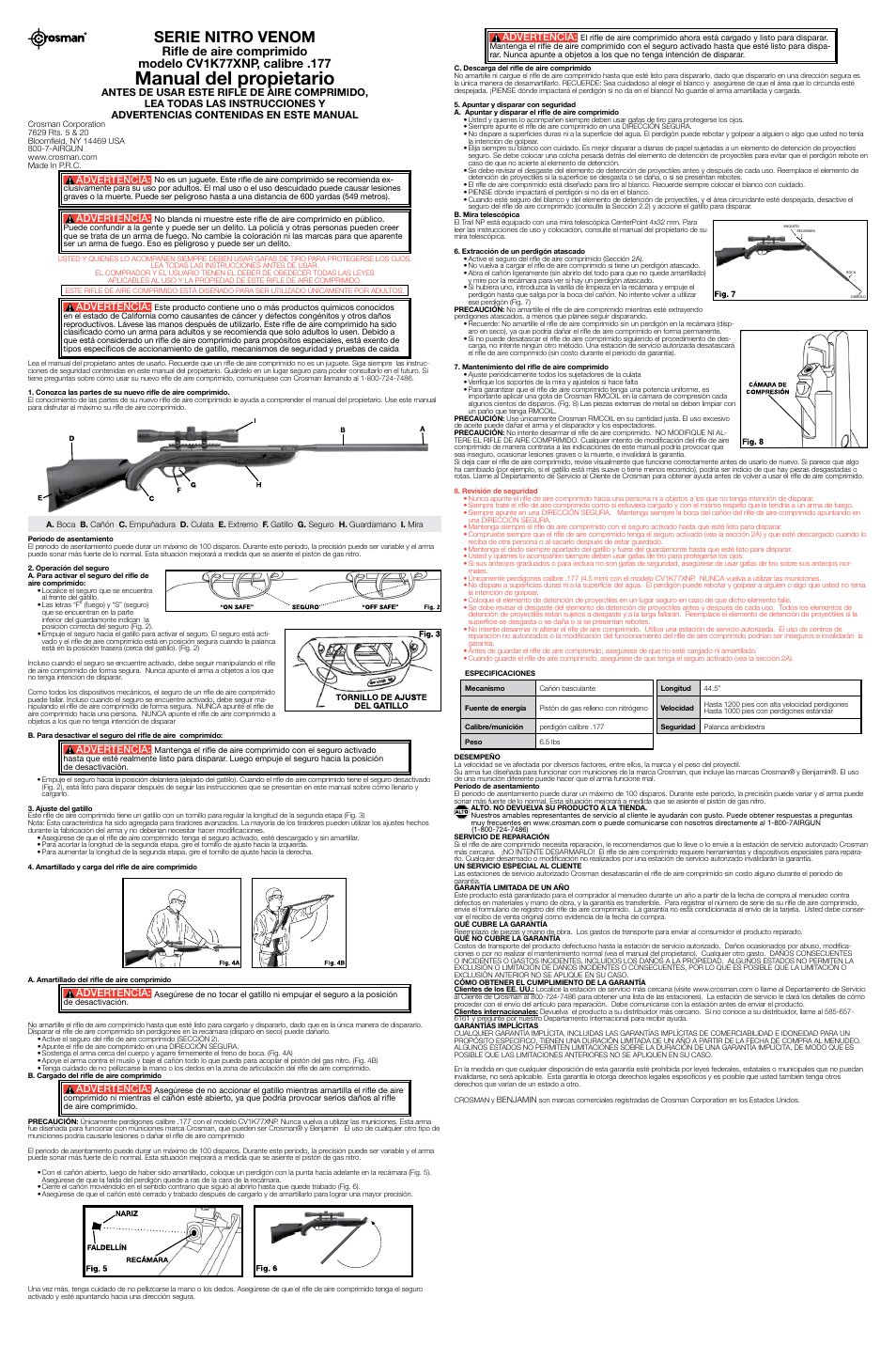 Manual del propietario, Serie nitro venom, Advertencia | Crosman CV1K77XNP User Manual | Page 2 / 2