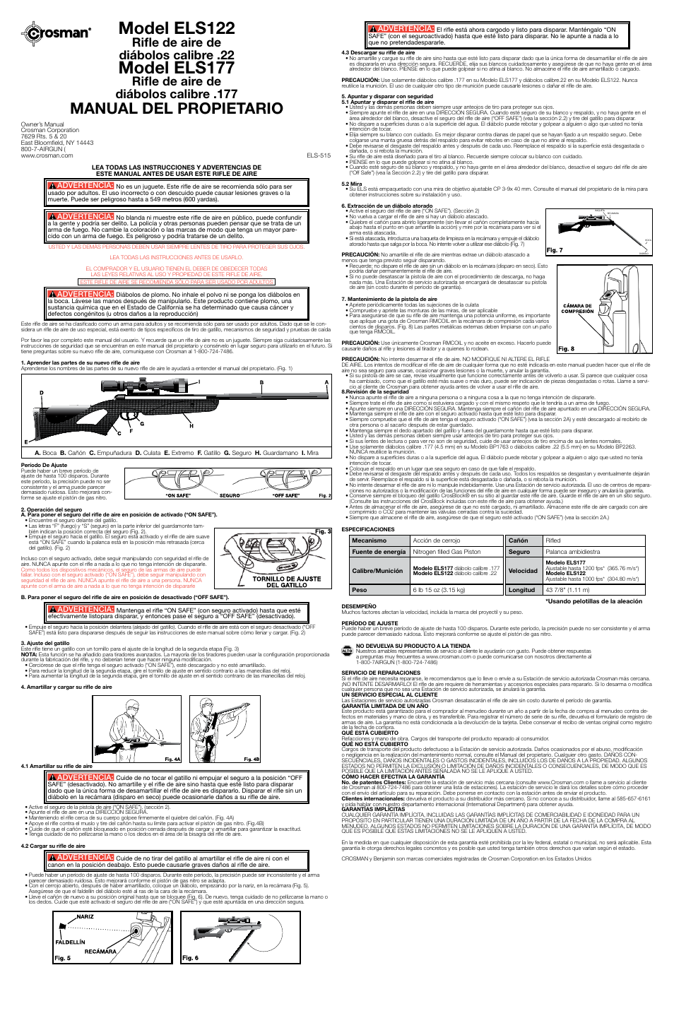 Model els122, Model els177, Manual del propietario | Rifle de aire de diábolos calibre .22, Rifle de aire de diábolos calibre .177, Advertencia | Crosman ELS122 User Manual | Page 2 / 2