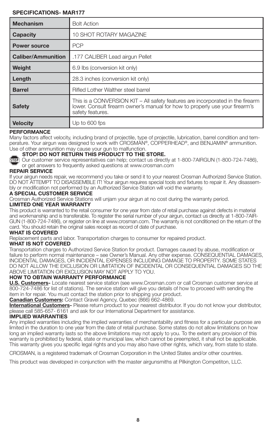 Crosman MAR177 User Manual | Page 8 / 8