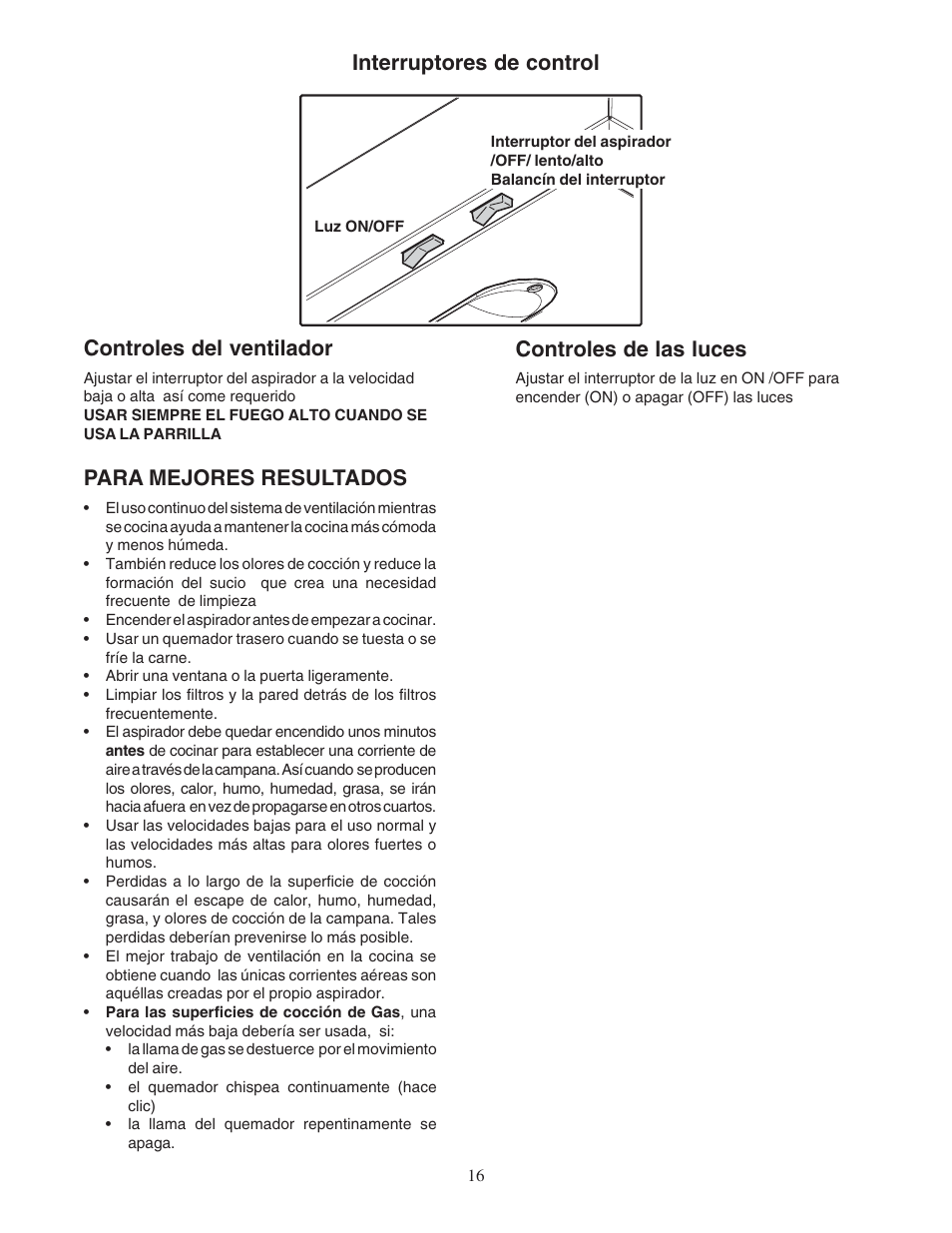 Interruptores de control controles del ventilador, Para mejores resultados, Controles de las luces | Bosch DPH30352UC User Manual | Page 16 / 20
