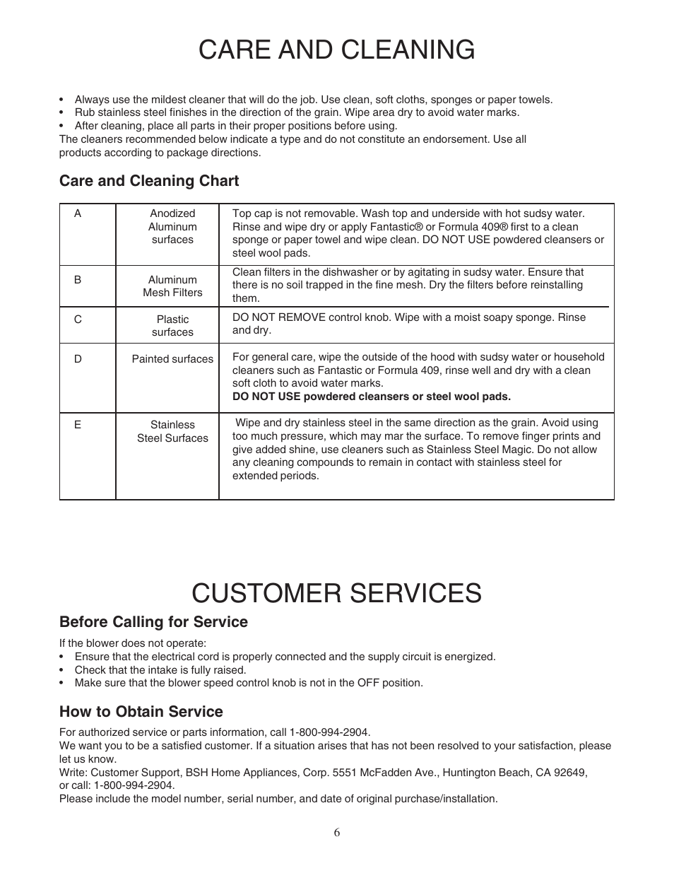 Care and cleaning, Customer services, Care and cleaning chart | Before calling for service, How to obtain service | Bosch DPH30352UC User Manual | Page 6 / 20