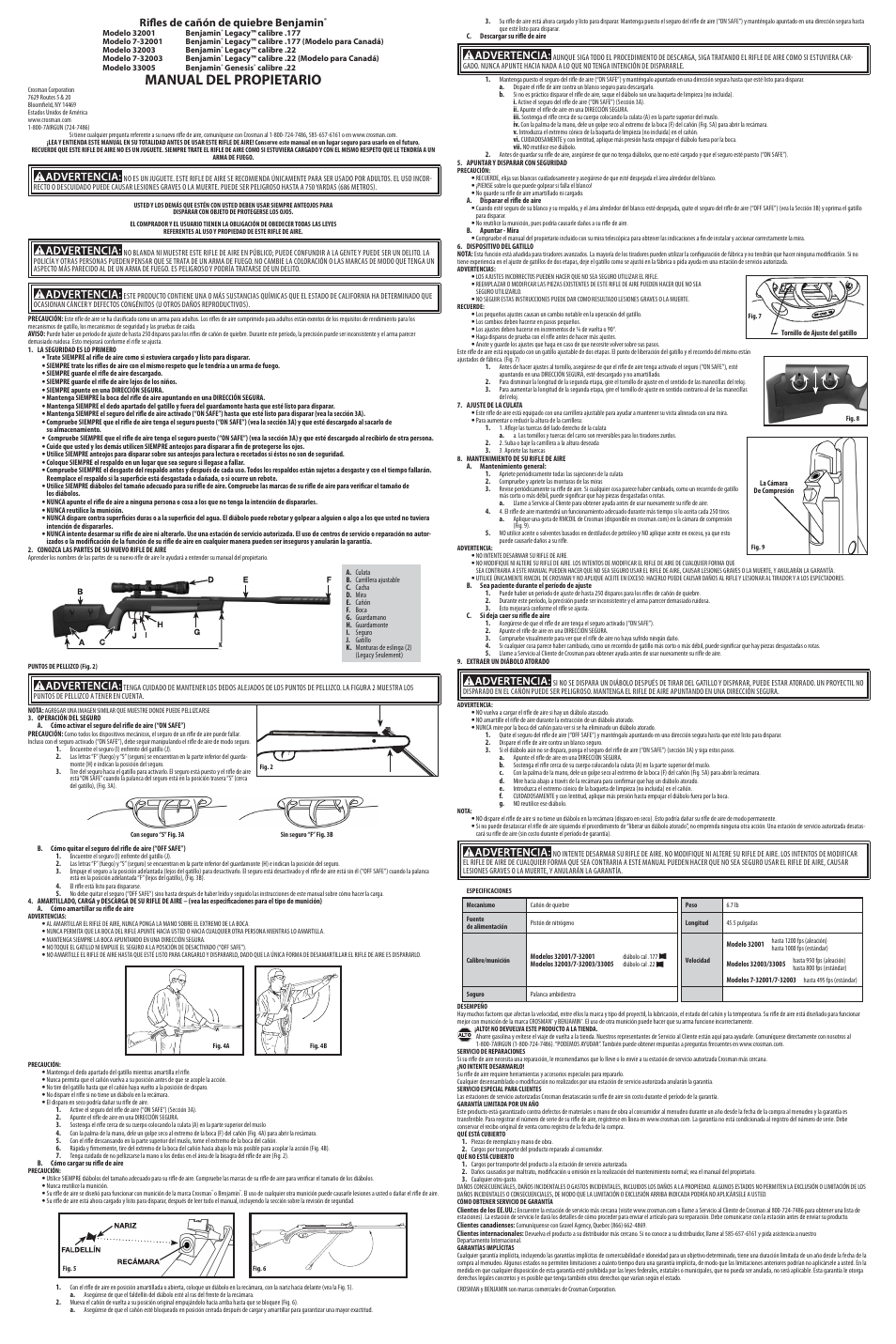 Manual del propietario, Rifles de cañón de quiebre benjamin, Breech | Crosman 33005 User Manual | Page 2 / 3