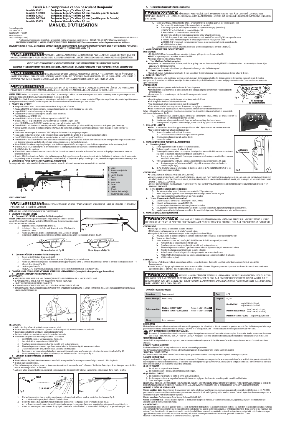 Manuel d’utilisation, Fusils à air comprimé à canon basculant benjamin, Breech | Crosman 33005 User Manual | Page 3 / 3