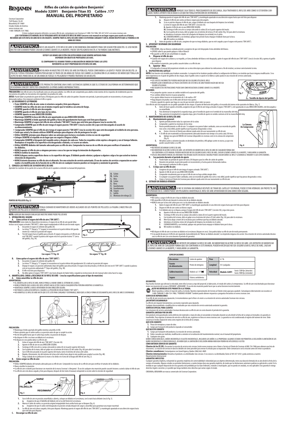 Manual del propietario, Rifles de cañón de quiebre benjamin, Breech | Crosman 32091 User Manual | Page 2 / 3