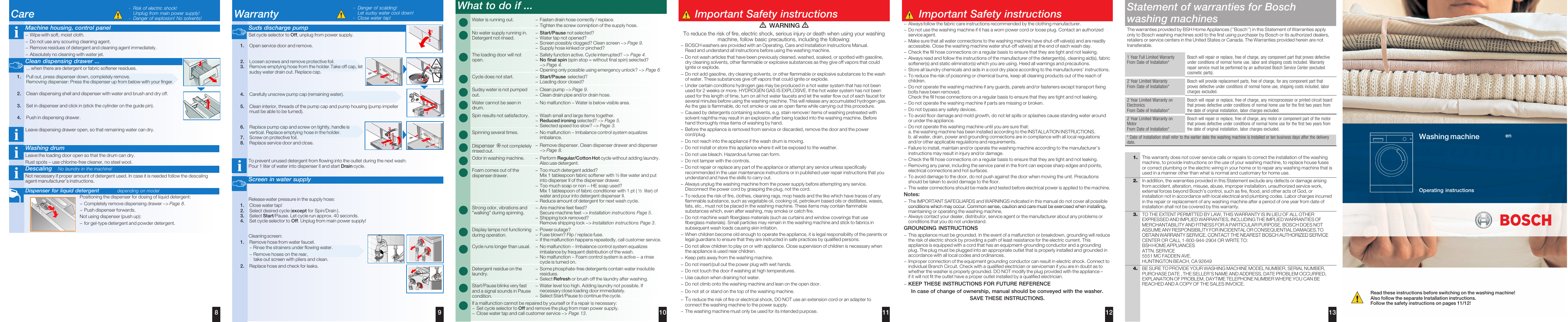 Care, Warranty, What to do if ... f | Important safety instructions, Statement of warranties for bosch washing machines, Washing machine | Bosch WAS20160UC User Manual | Page 2 / 10