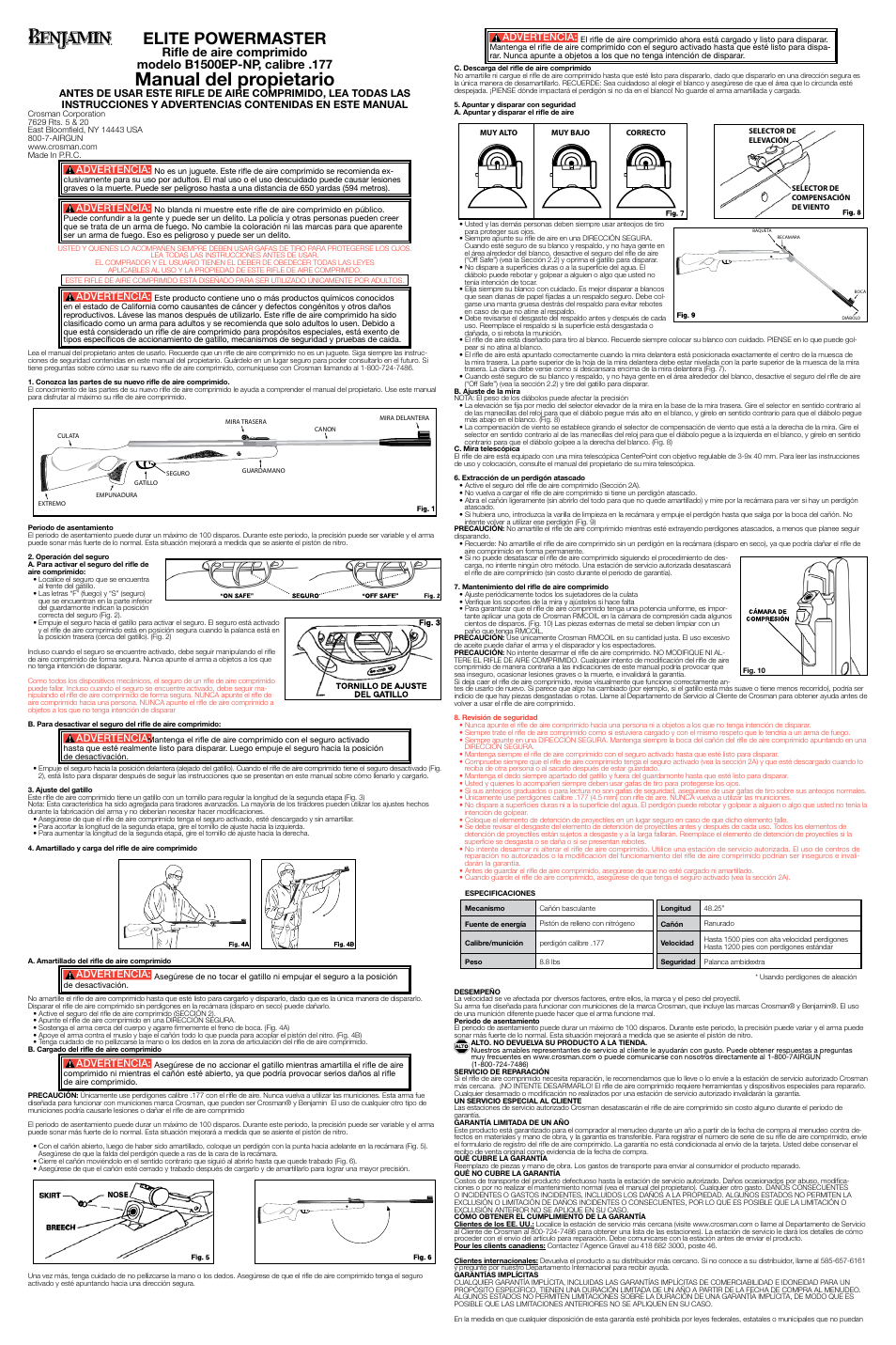 Manual del propietario, Elite powermaster, Advertencia | Crosman B1500EPNP User Manual | Page 2 / 2