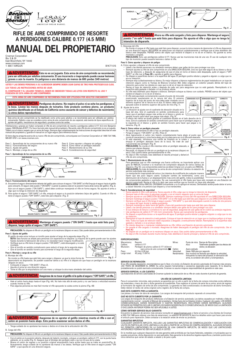 Manual del propietario, Advertencia | Crosman B1K77 User Manual | Page 2 / 2