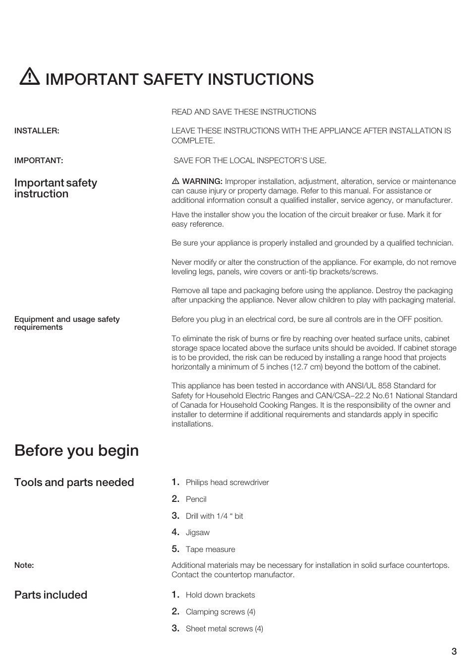 Important safety instuctions, Before you begin, Important safety instruction | Tools and parts needed, Parts included | Bosch NEM 75 User Manual | Page 3 / 20