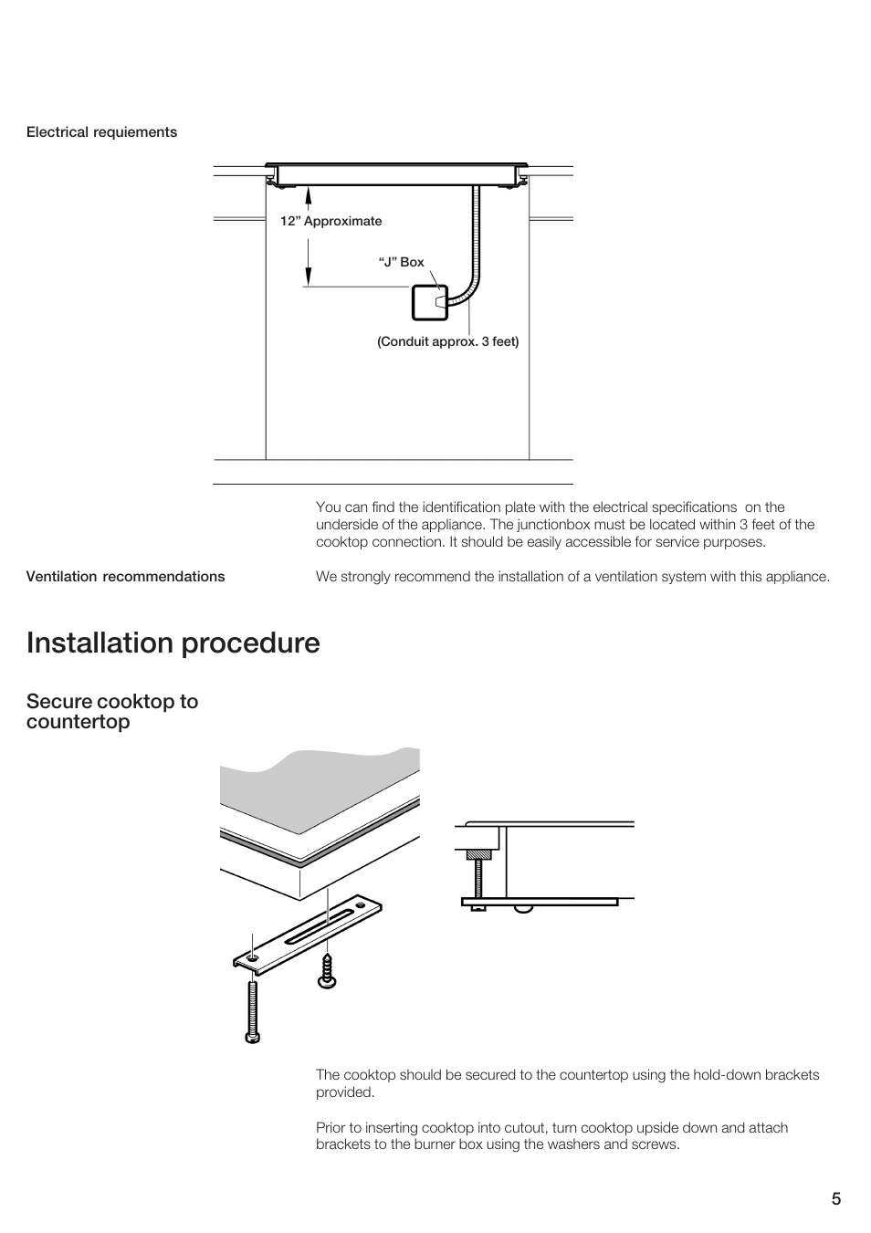 Installation procedure, Secure cooktop to countertop | Bosch NEM 75 User Manual | Page 5 / 20