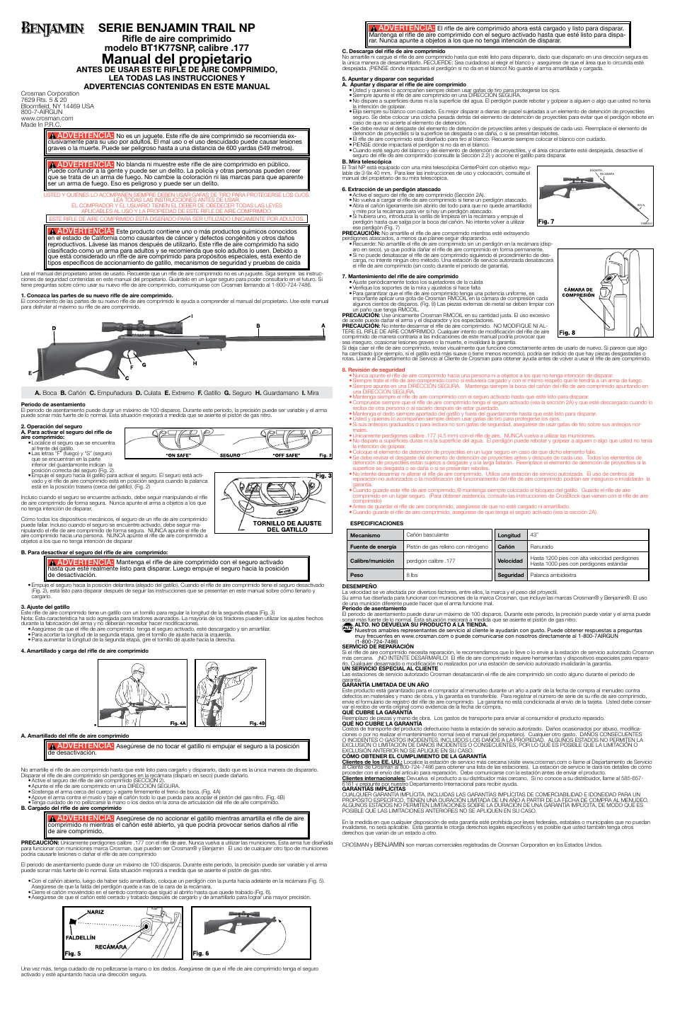 Manual del propietario, Serie benjamin trail np, Advertencia | Crosman BT1K77SNP User Manual | Page 2 / 2