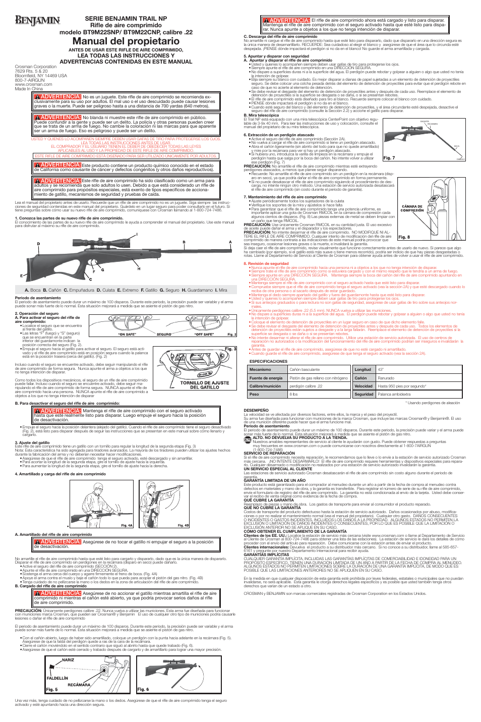 Manual del propietario, Advertencia | Crosman BT9M22CNP User Manual | Page 2 / 2