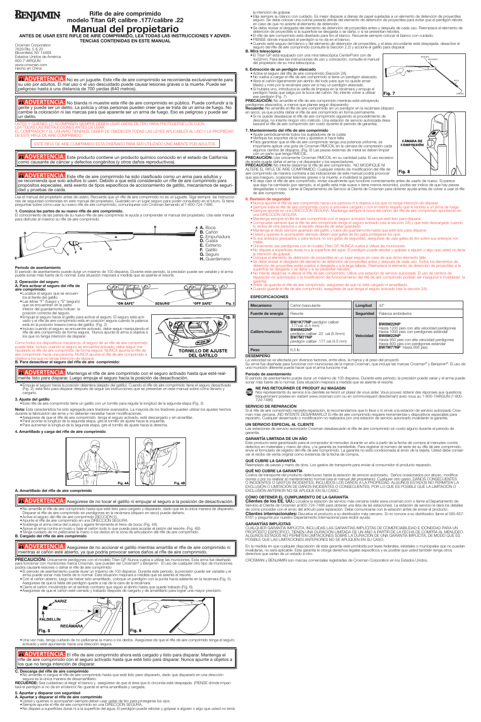 Manual del propietario | Crosman BW8M22NP User Manual | Page 2 / 2