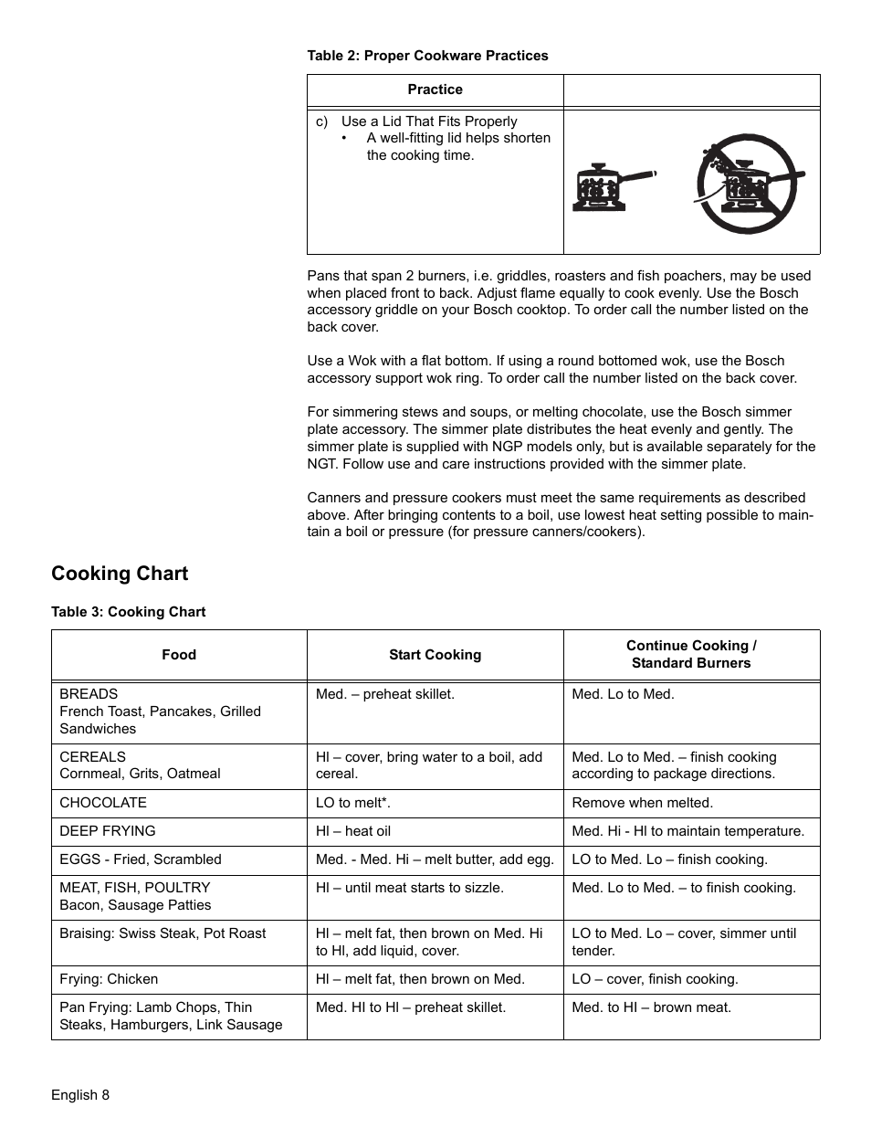 Cooking chart, Table 3: cooking chart | Bosch NGT User Manual | Page 12 / 48
