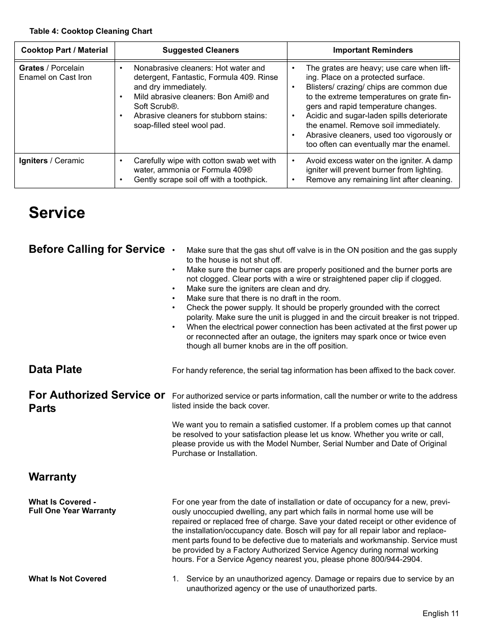 Service, Before calling for service, Data plate | For authorized service or parts, Warranty, What is covered - full one year warranty, What is not covered | Bosch NGT User Manual | Page 15 / 48