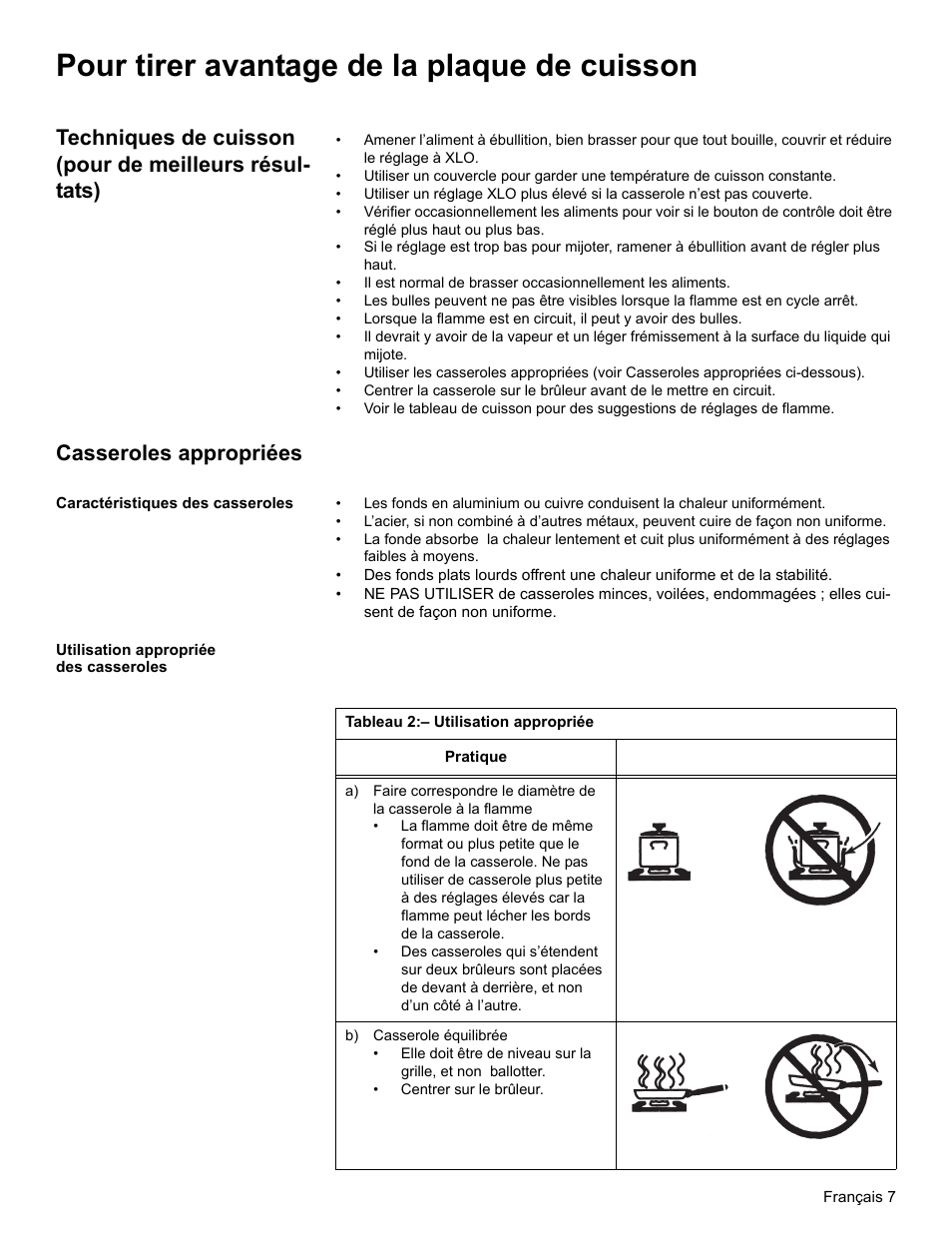 Pour tirer avantage de la plaque de cuisson, Casseroles appropriées, Caractéristiques des casseroles | Utilisation appropriée des casseroles, Tableau 2: - utilisation appropriée, B) casserole équilibrée | Bosch NGT User Manual | Page 25 / 48