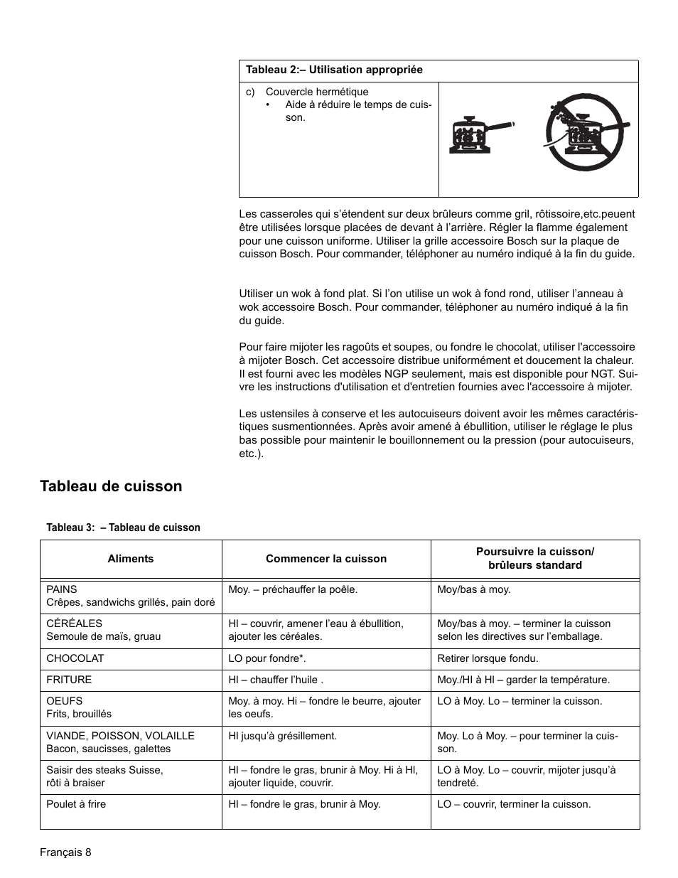 Tableau 2: - utilisation appropriée, C) couvercle hermétique, Tableau de cuisson | Tableau 3: - tableau de cuisson | Bosch NGT User Manual | Page 26 / 48