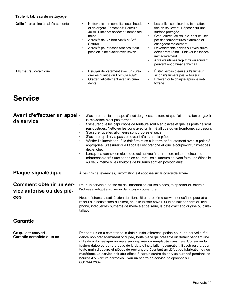 Table 4: tableau de nettoyage, Service, Avant d’effectuer un appel de service | Plaque signalétique, Comment obtenir un service autorisé ou des pièces, Garantie, Ce qui est couvert - garantie complète d’un an | Bosch NGT User Manual | Page 29 / 48