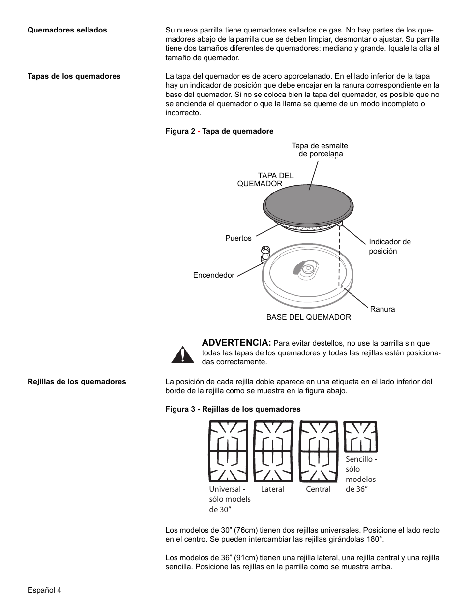 Quemadores sellados, Tapas de los quemadores, Rejillas de los quemadores | Bosch NGT User Manual | Page 36 / 48