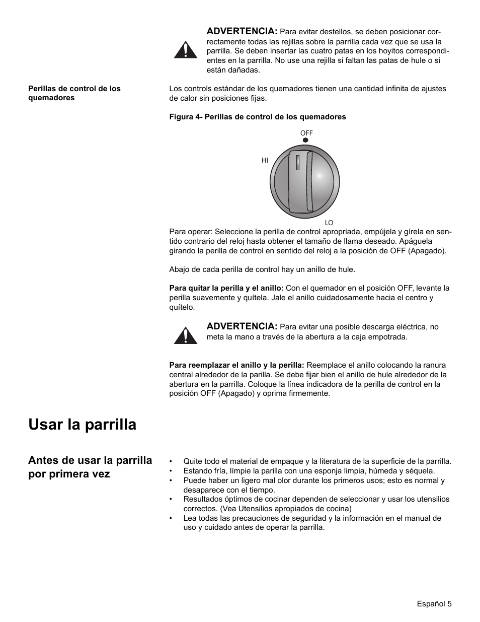 Perillas de control de los quemadores, Usar la parrilla, Antes de usar la parrilla por primera vez | Bosch NGT User Manual | Page 37 / 48