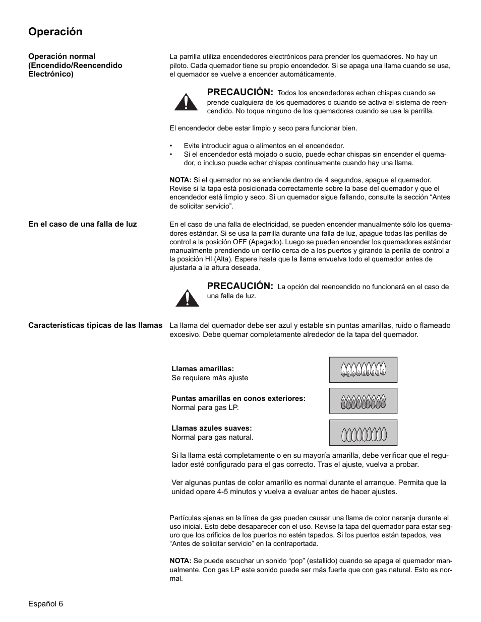 Operación, En el caso de una falla de luz, Características típicas de las llamas | Bosch NGT User Manual | Page 38 / 48