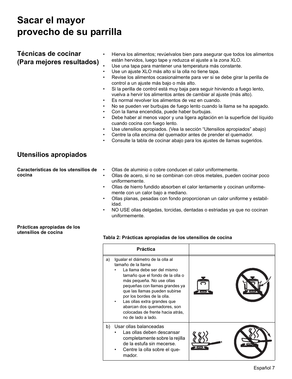 Sacar el mayor provecho de su parrilla, Técnicas de cocinar (para mejores resultados), Utensilios apropiados | Características de los utensilios de cocina, Prácticas apropiadas de los utensilios de cocina, B) usar ollas balanceadas | Bosch NGT User Manual | Page 39 / 48