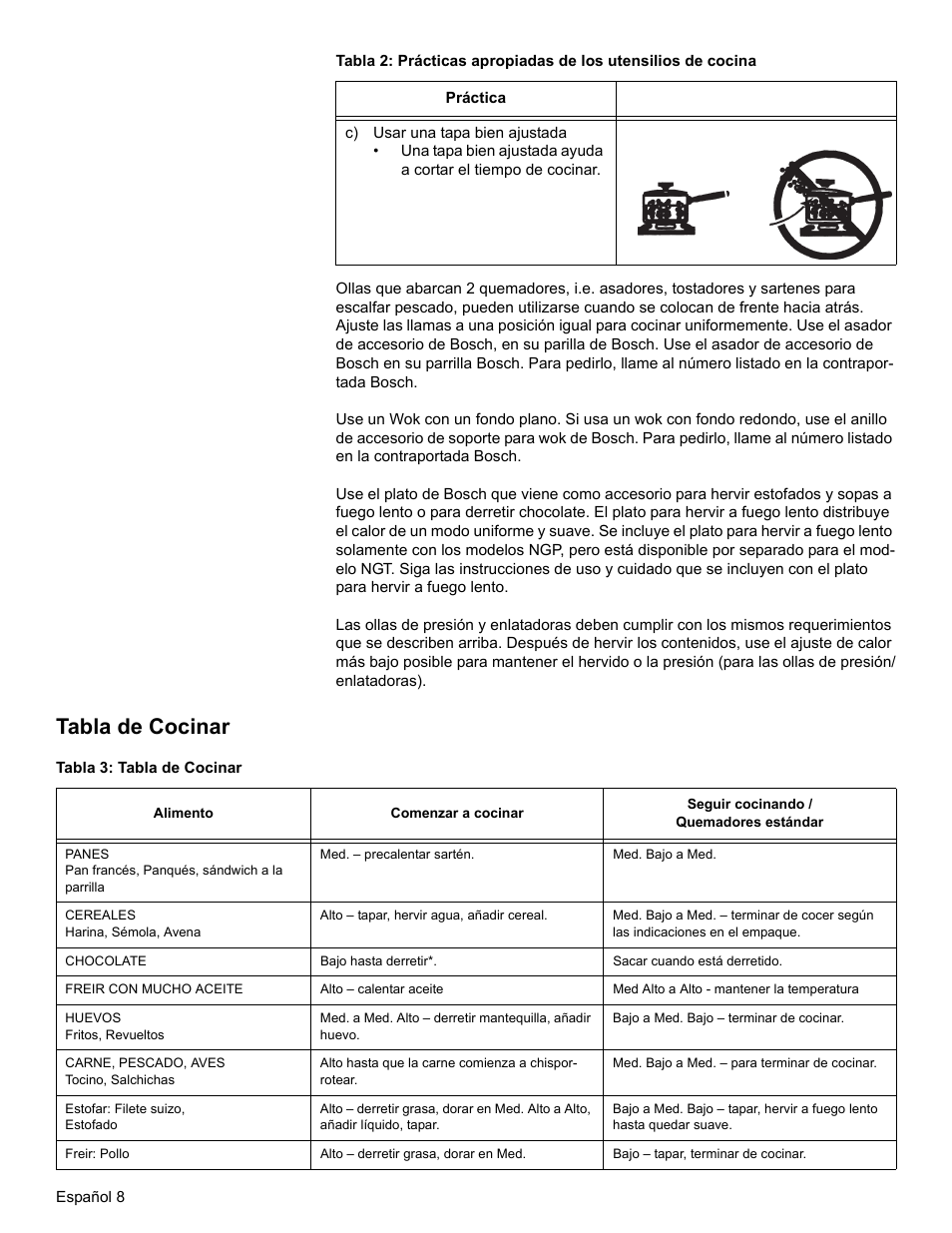 C) usar una tapa bien ajustada, Tabla de cocinar, Tabla 3: tabla de cocinar | Bosch NGT User Manual | Page 40 / 48