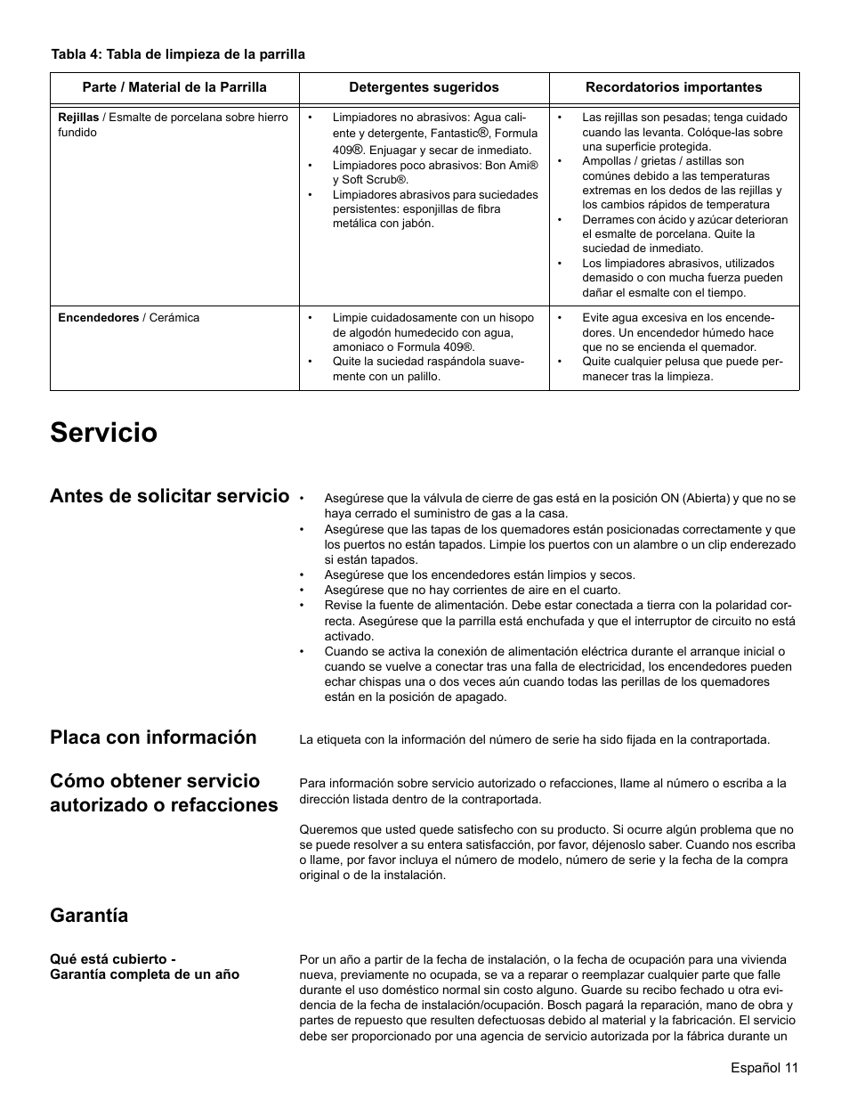 Servicio, Antes de solicitar servicio, Placa con información | Cómo obtener servicio autorizado o refacciones, Garantía, Qué está cubierto - garantía completa de un año | Bosch NGT User Manual | Page 43 / 48