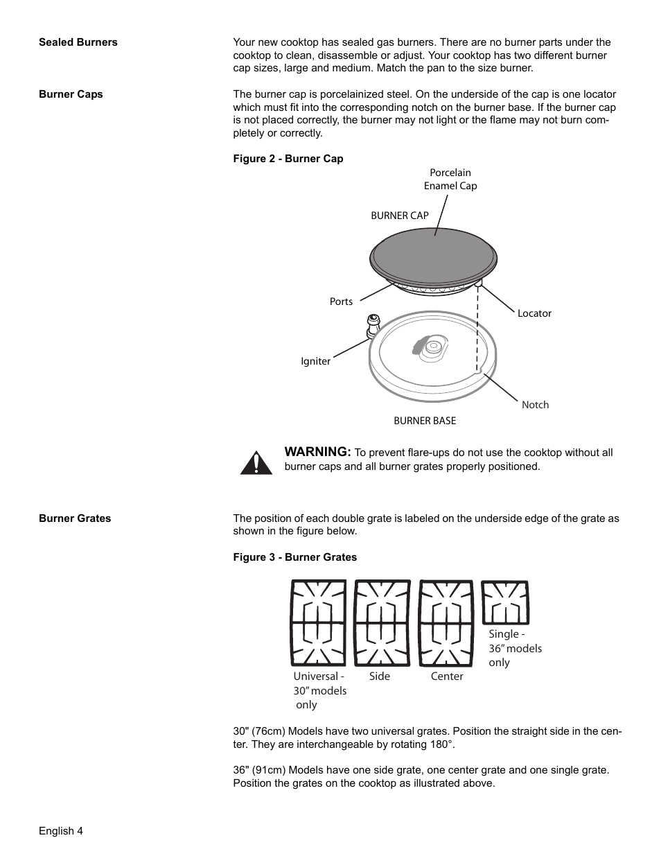 Sealed burners, Burner caps, Burner grates | Bosch NGT User Manual | Page 8 / 48