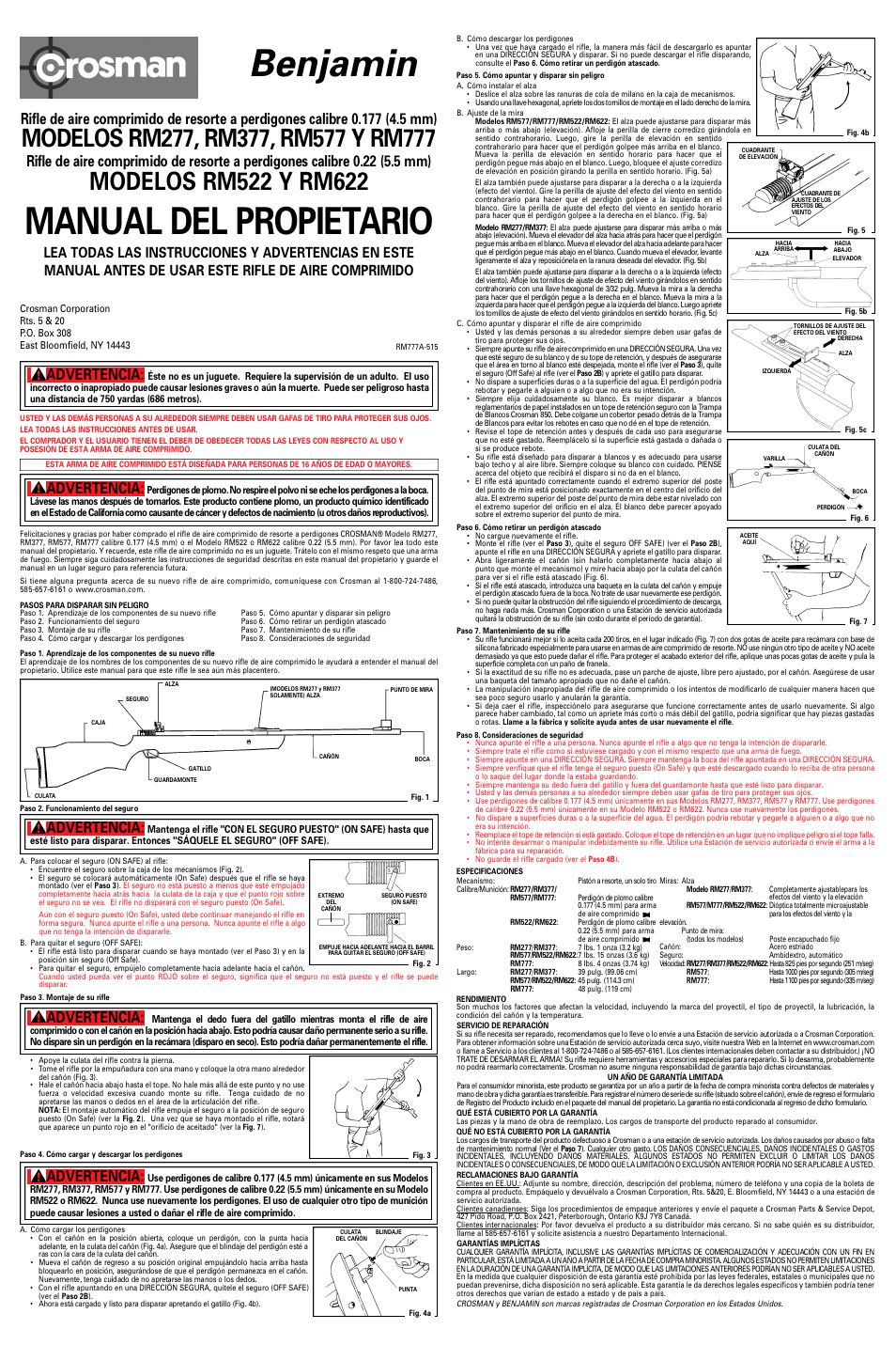 Manual del propieta r i o, Benjamin, Advertencia | Crosman RM622 User Manual | Page 2 / 2