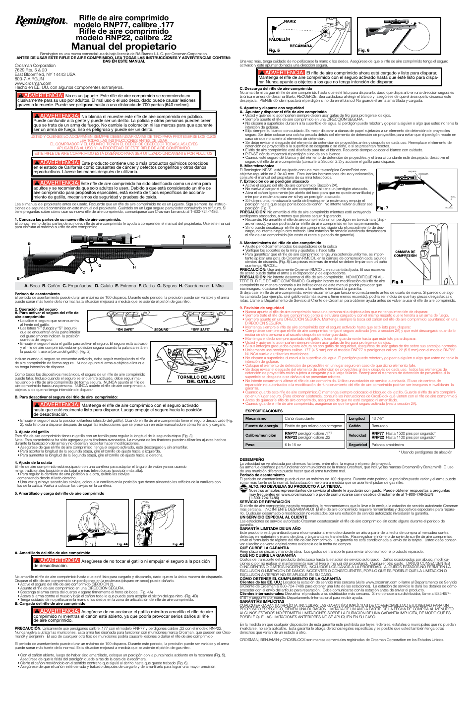 Manual del propietario, Advertencia | Crosman RNP77 User Manual | Page 2 / 2