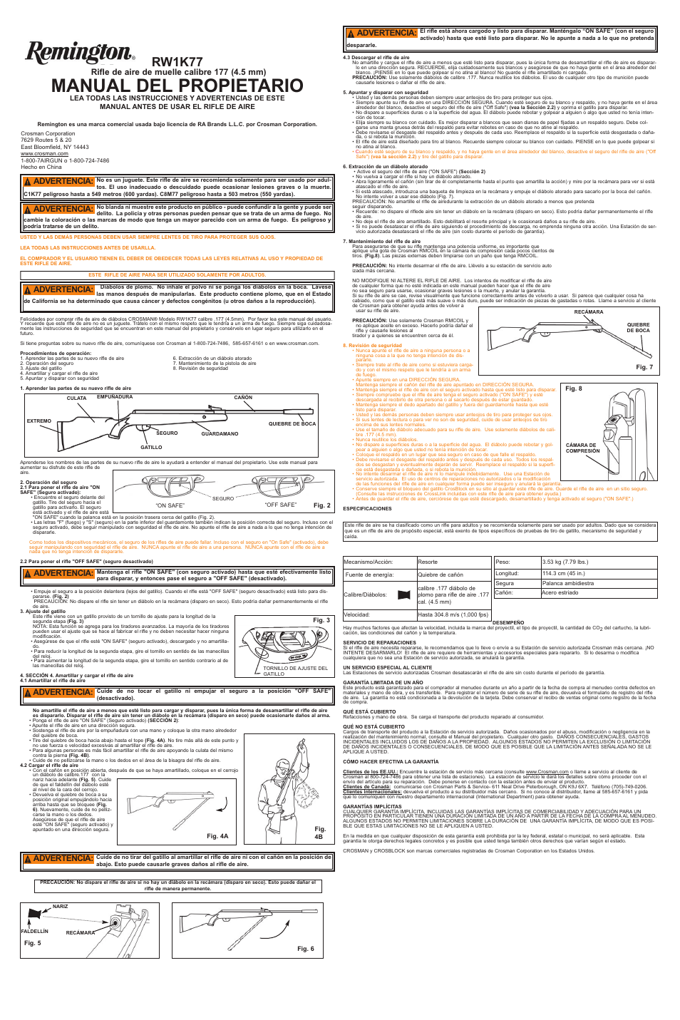 Manual del propietario, Rw1k77, Advertencia | Crosman RW1K77X User Manual | Page 2 / 2