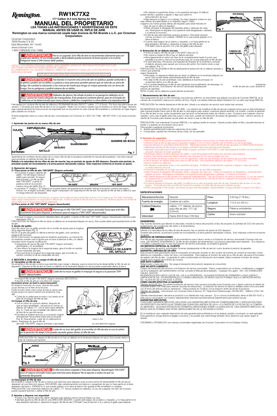 Rw1k77x2, Manual del propietario, Advertencia | Crosman RW1K77X2 User Manual | Page 2 / 2