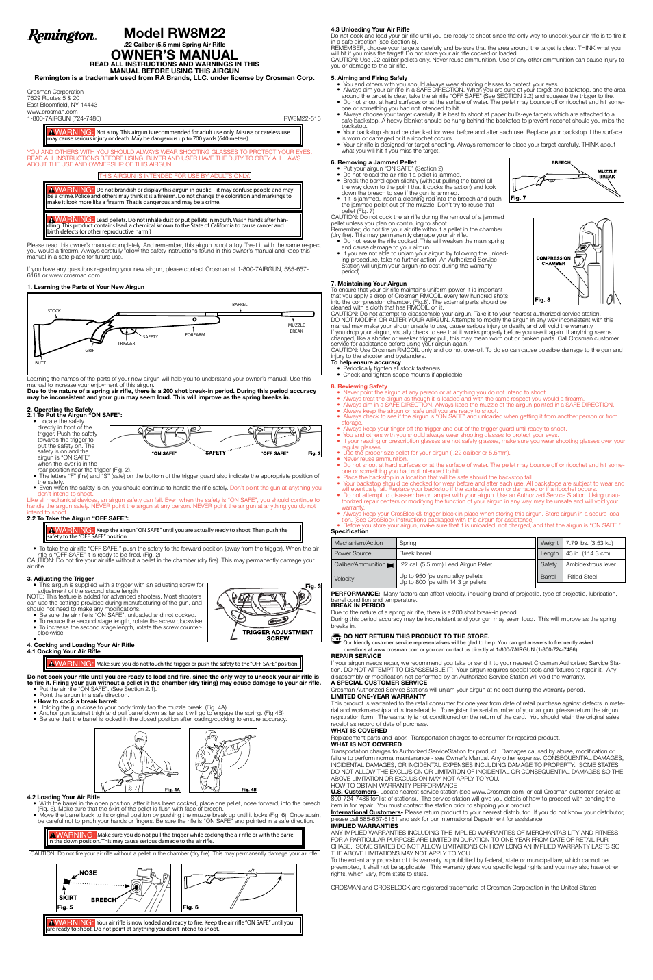 Crosman RW8M22X User Manual | 2 pages