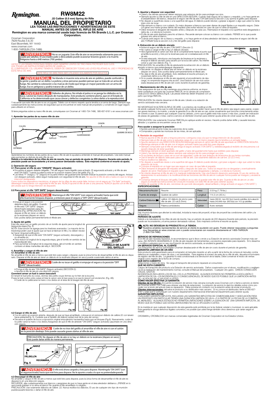 Rw8m22, Manual del propietario, Advertencia | Crosman RW8M22X User Manual | Page 2 / 2
