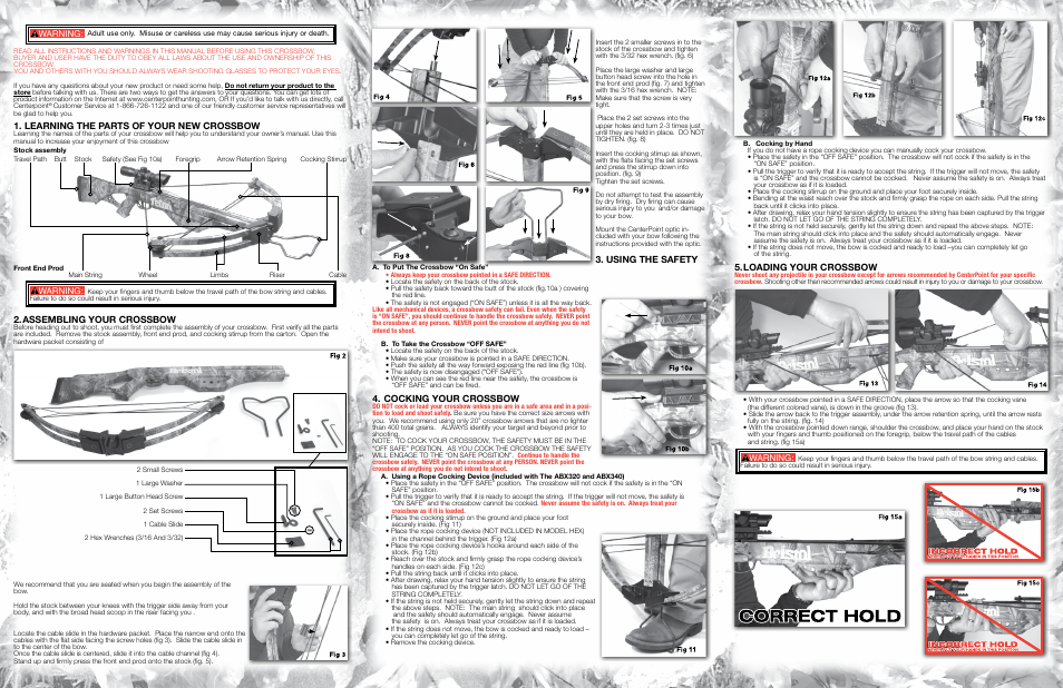 Using the safety, Cocking your crossbow, Learning the parts of your new crossbow | Assembling your crossbow, Loading your crossbow, Warning | Crosman ABX340 User Manual | Page 2 / 2